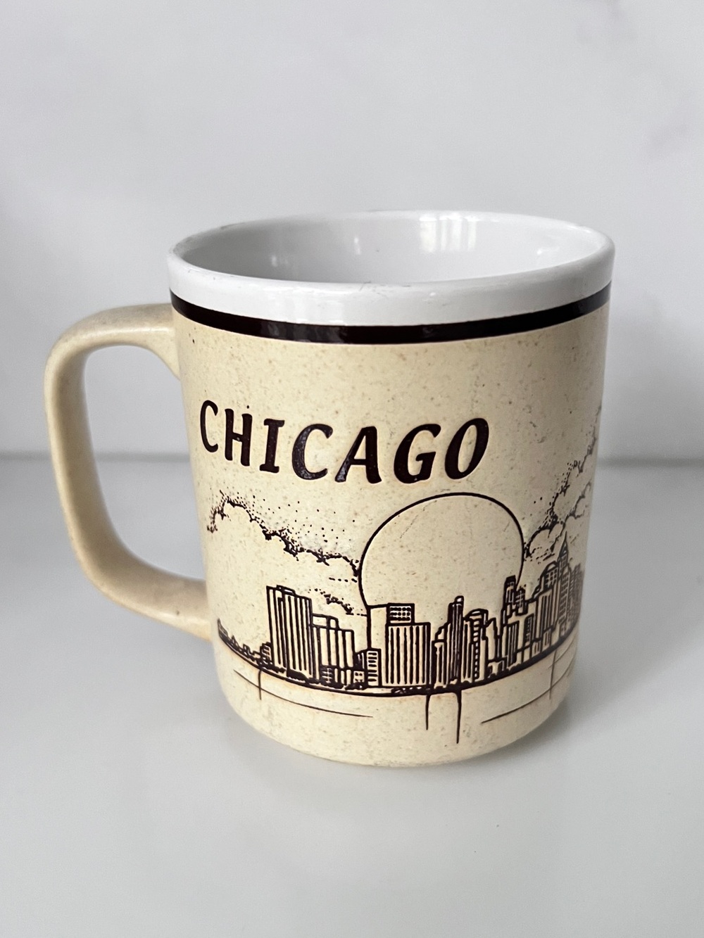 Vintage Chicago Skyline Stoneware Coffee Mug Retro Speckled Tan